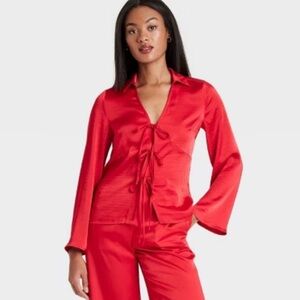 NWT A new day medium satin red long sleeve blouse with 3 tie front design